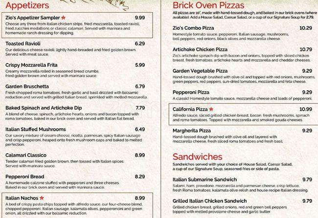 Zio's Italian Kitchen Menu - Urbanspoon/Zomato