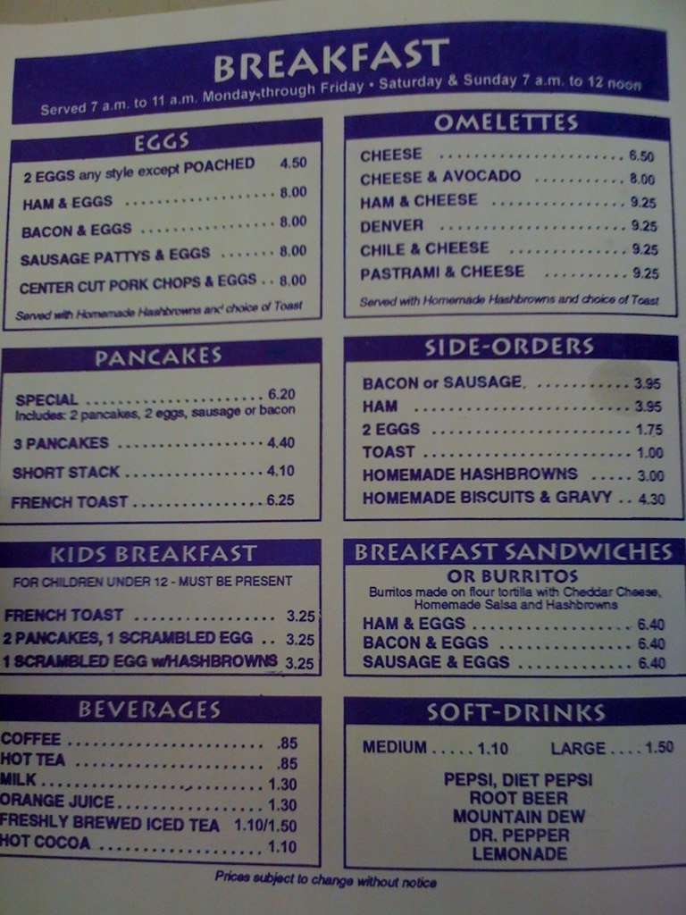 Menu at Pete’s Place restaurant, Oakhurst