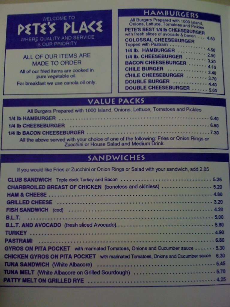 Menu at Pete’s Place restaurant, Oakhurst