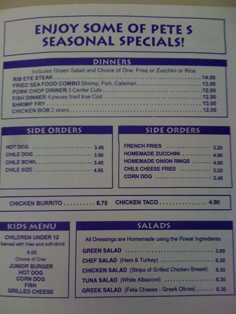 Menu at Pete’s Place restaurant, Oakhurst