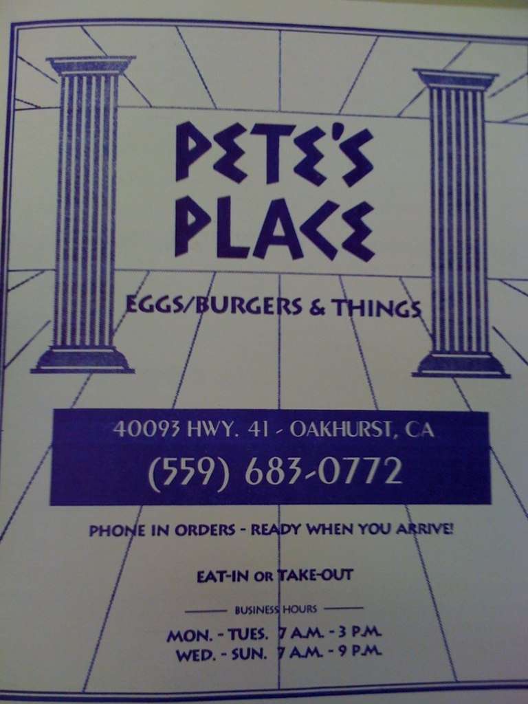 Menu at Pete&rsquo;s Place restaurant, Oakhurst