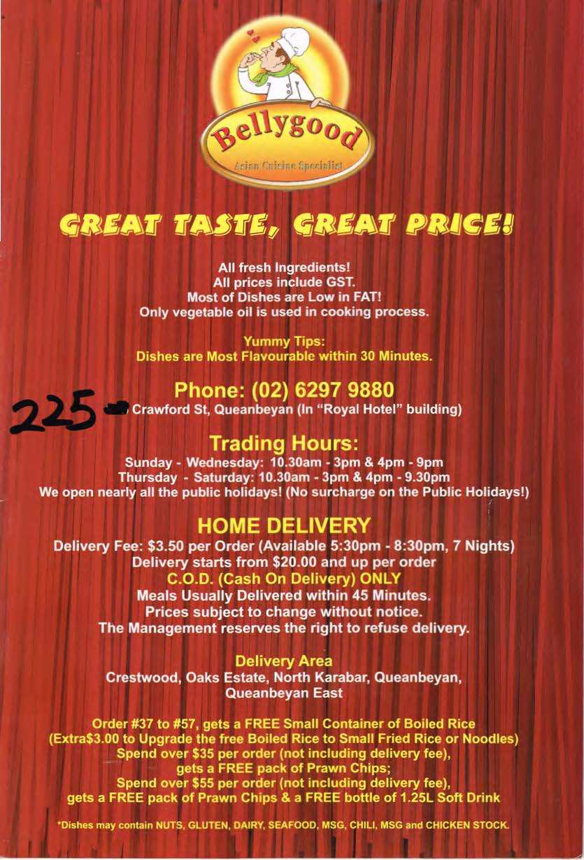 Menu at Bellygood, Queanbeyan, 25 Crawford Street