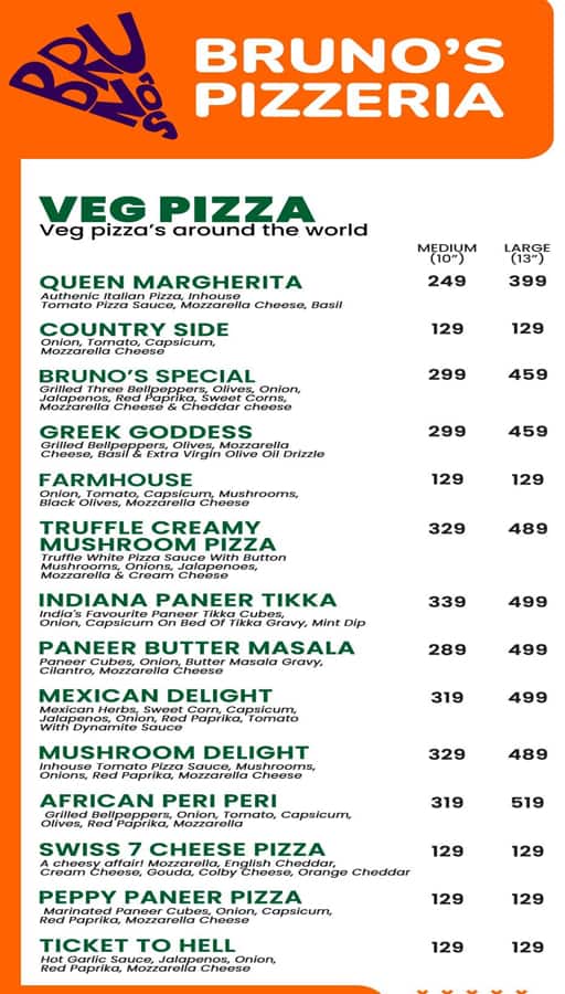 Menu of Bruno s Pizzeria Sarojini Nagar New Delhi