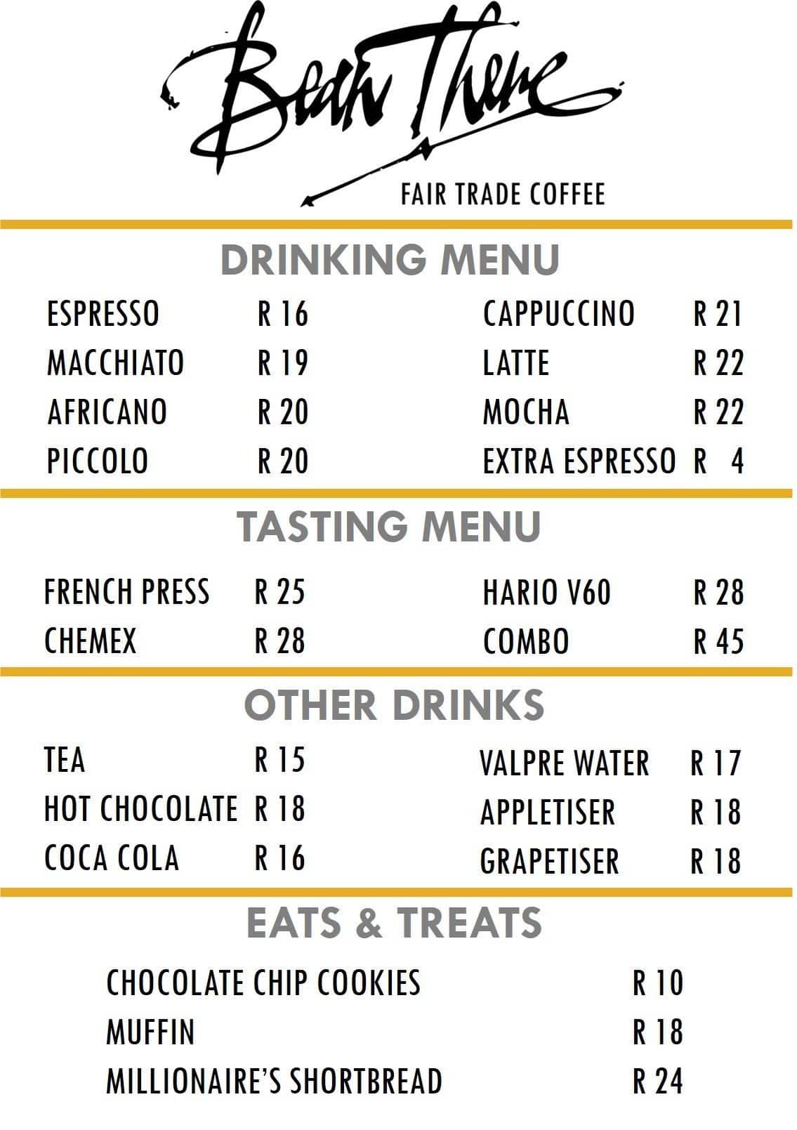Menu au Bean There Coffee Company Milpark JHB restaurant