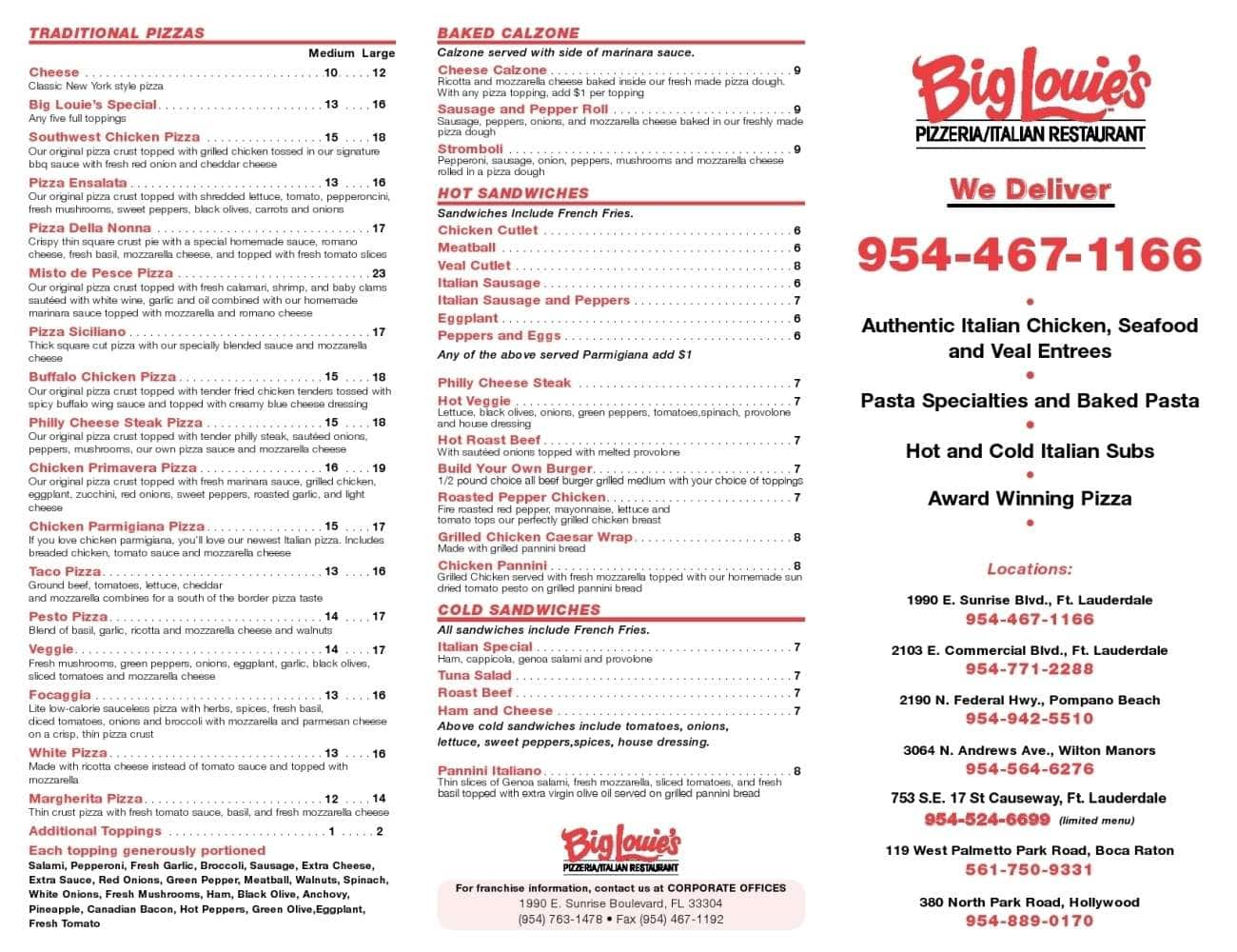 Big Louie&#39;s Pizzeria Menu - Urbanspoon/Zomato