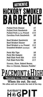 Ray Ray's Hog Pit menu