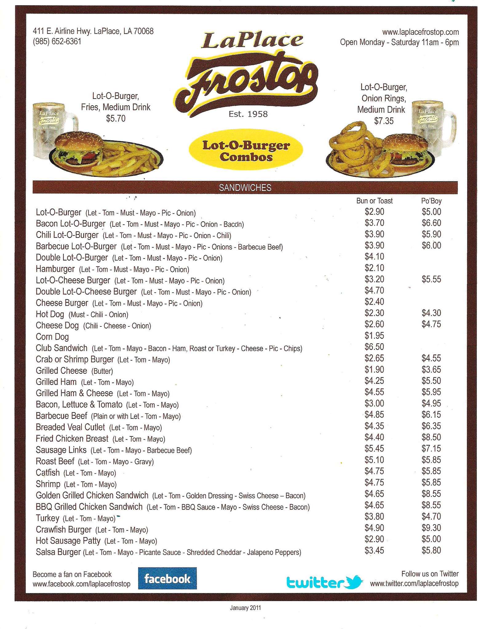 LaPlace Frostop Menu, Menu for LaPlace Frostop, LaPlace, New Orleans