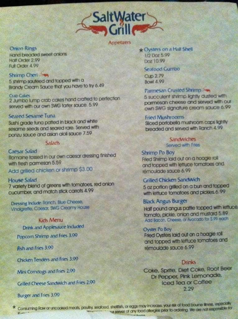 Saltwater Grill Menu, Menu for Saltwater Grill, Corpus Christi, Corpus