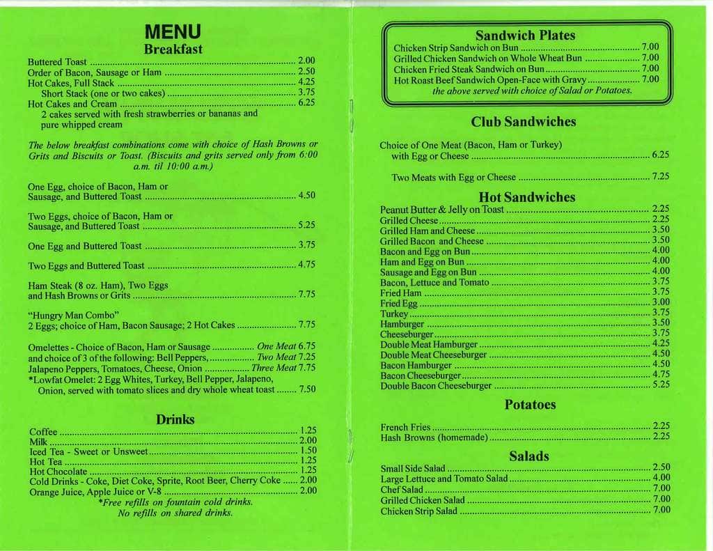Menu at Strawn's Eat Shop cafe, Shreveport, 125 Kings Hwy