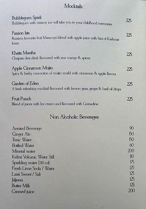 Menu of The Awadh House, Panaji, Goa