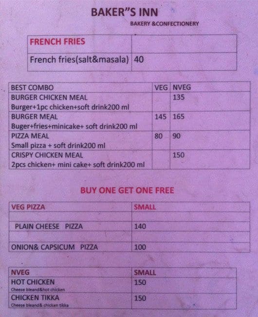 Menu at Baker's Inn, Chennai