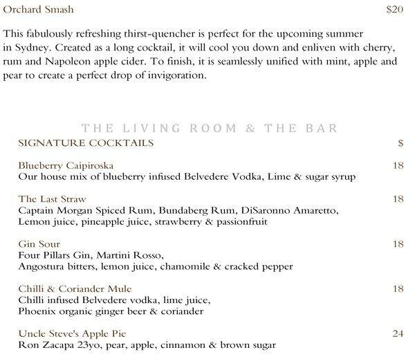 Menu at The Bar Park Hyatt, Sydney
