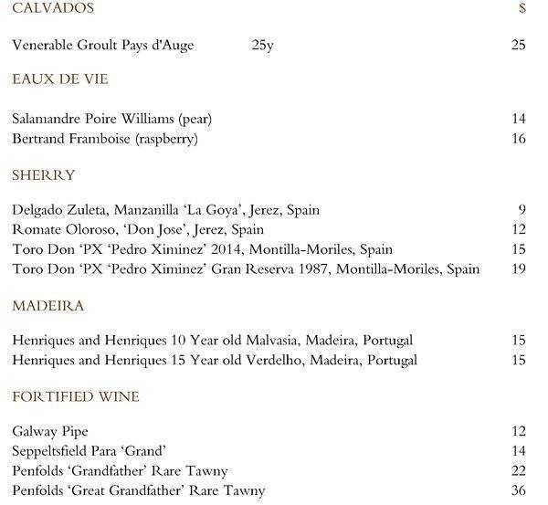 Menu at The Bar Park Hyatt, Sydney