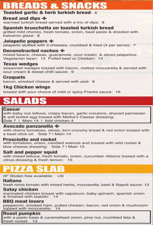 Melba's Menu, Menu for Melba's, Surfers Paradise, Gold Coast