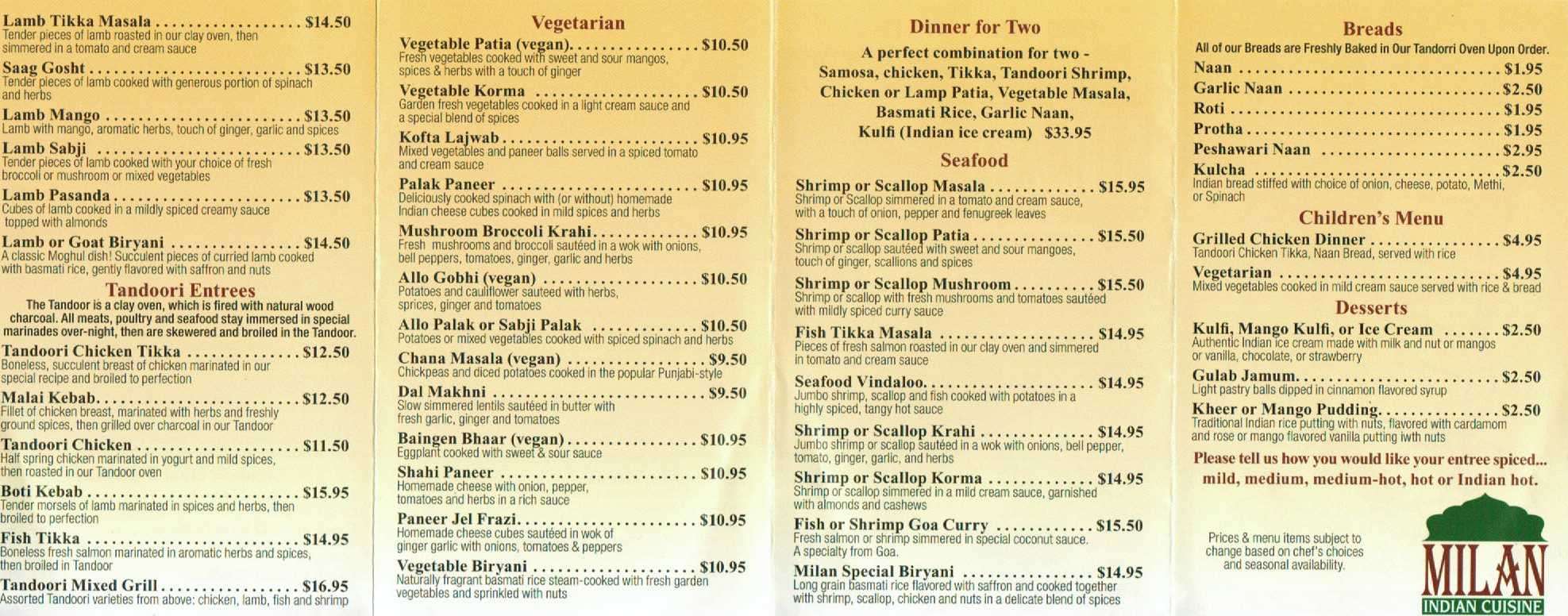 Menu at Milan Indian Cuisine restaurant, Lynchburg