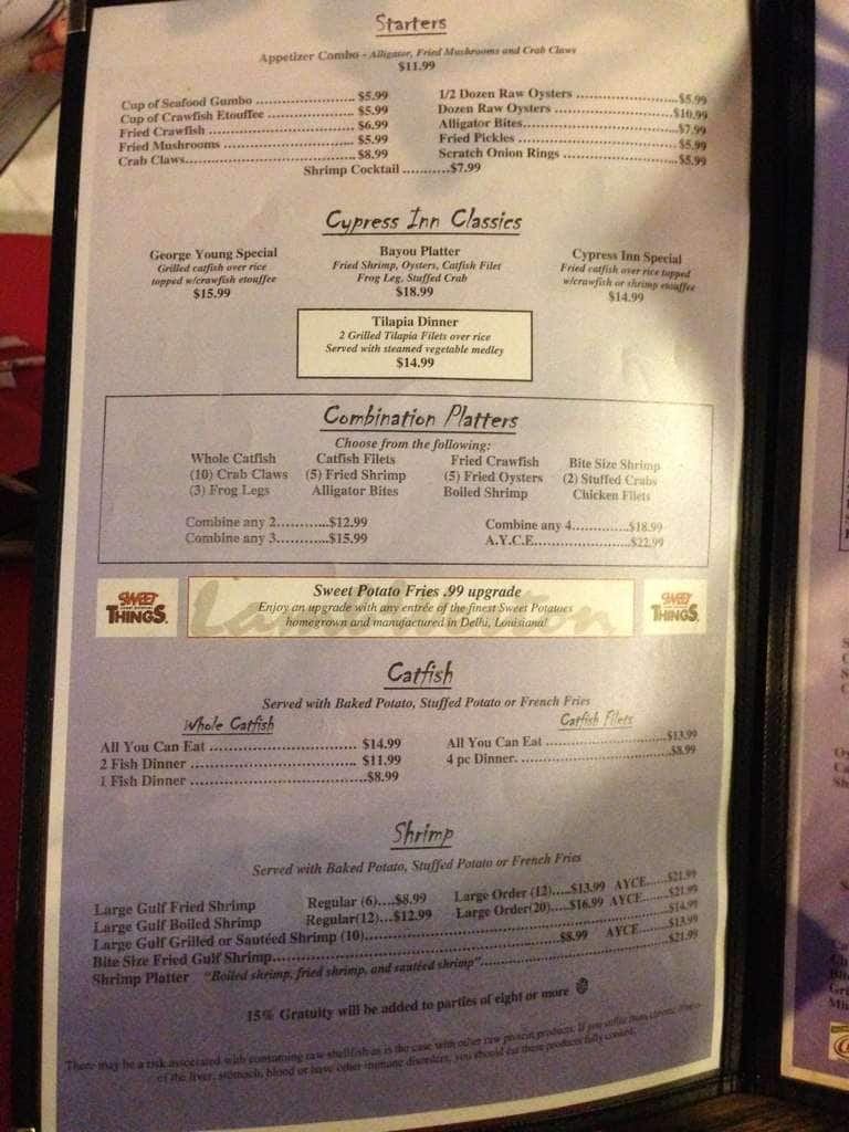 Cypress Inn Restaurant Menu, Menu for Cypress Inn Restaurant, Monroe