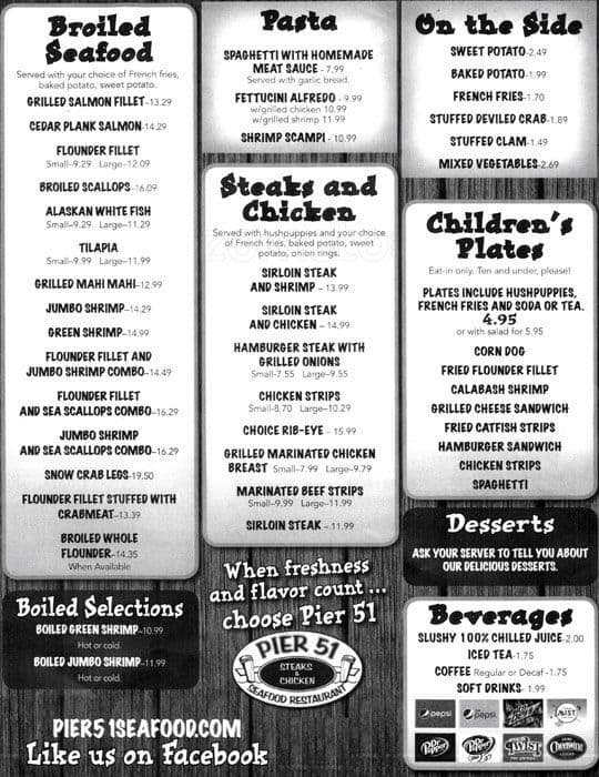 Menu at Pier 51 Seafood Restaurant, Concord, 744 Cabarrus Ave W