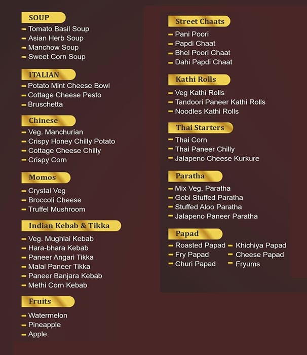 Menu of Mahamahal, Thaltej, Ahmedabad