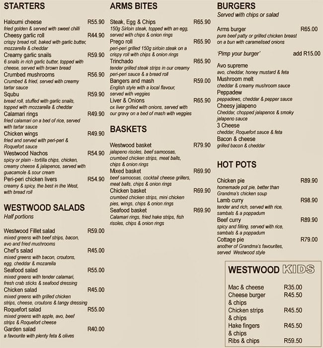 Westwood Arms Menu, Menu for Westwood Arms, Krugersdorp, West Rand