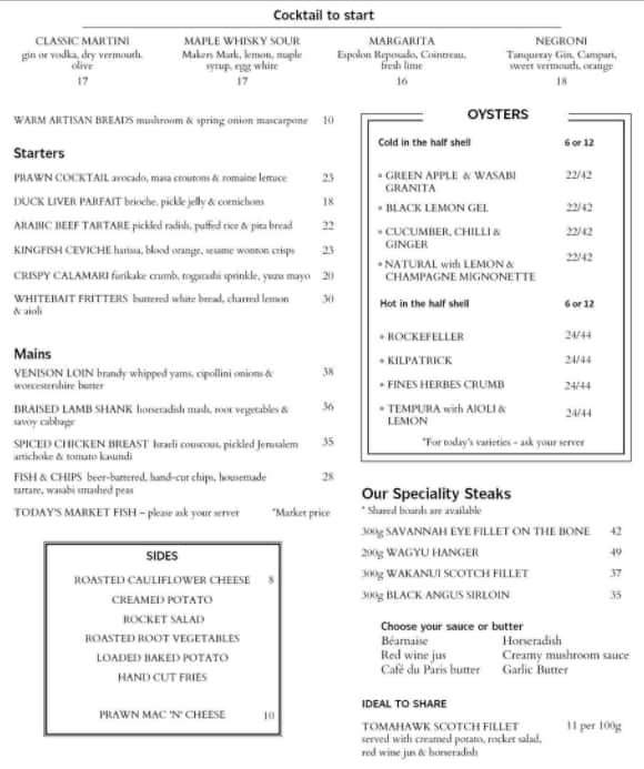 Oyster & Chop Menu, Menu for Oyster & Chop, Viaduct Harbour, Auckland ...