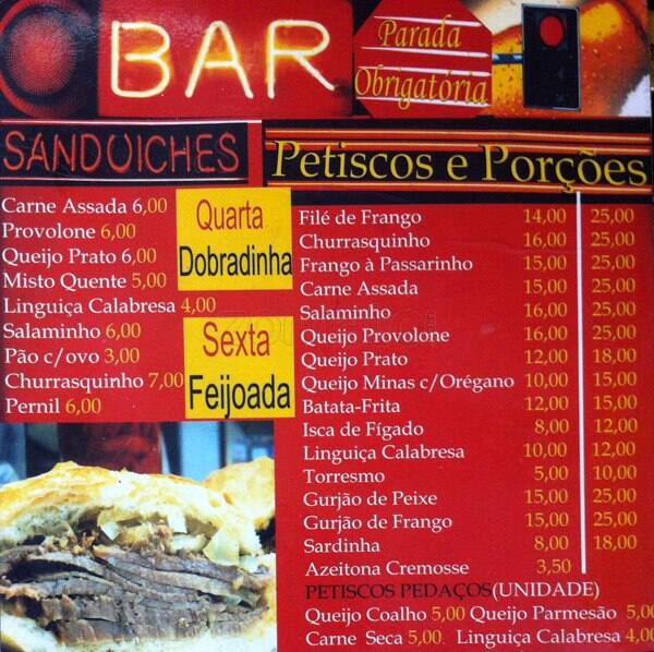 Bar e Charutaria Parada Obrigatória cardápio