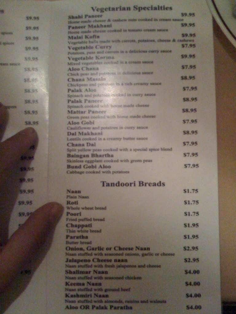 Menu at Shalimar restaurant Albany 35 Central Ave