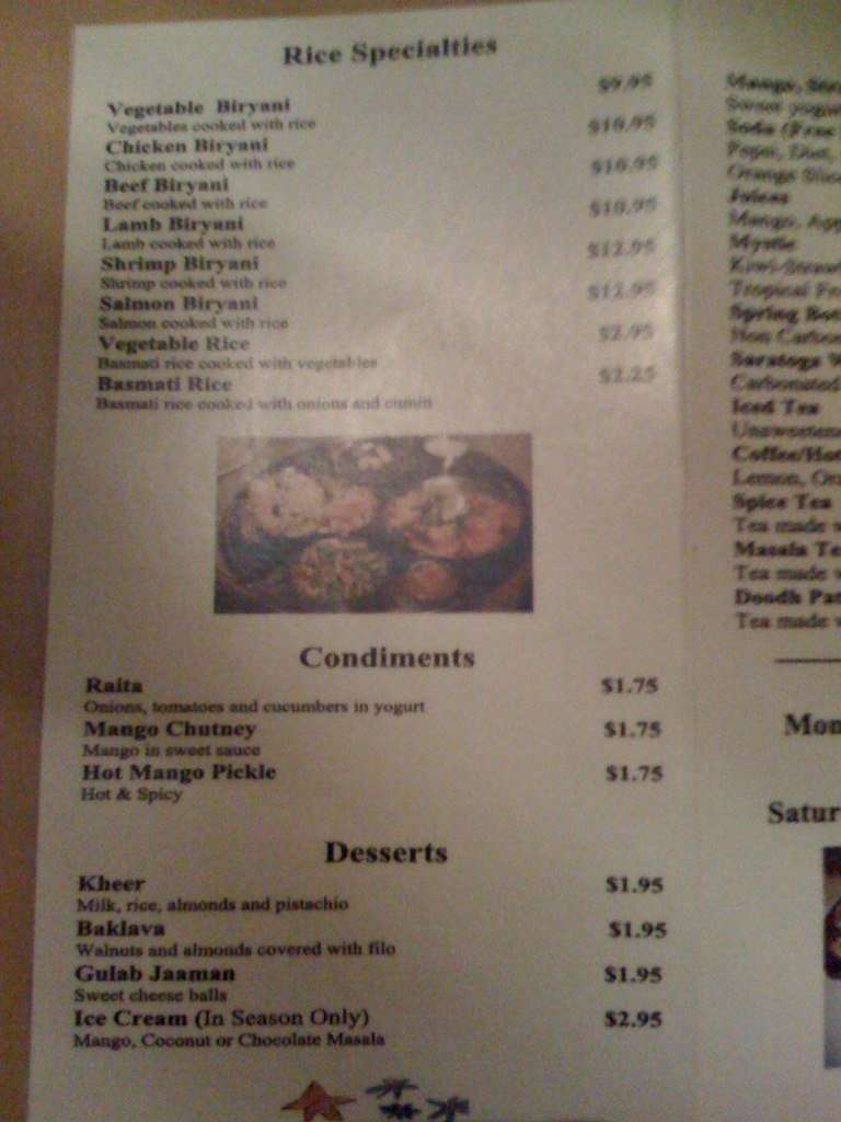 Menu at Shalimar restaurant Albany 35 Central Ave
