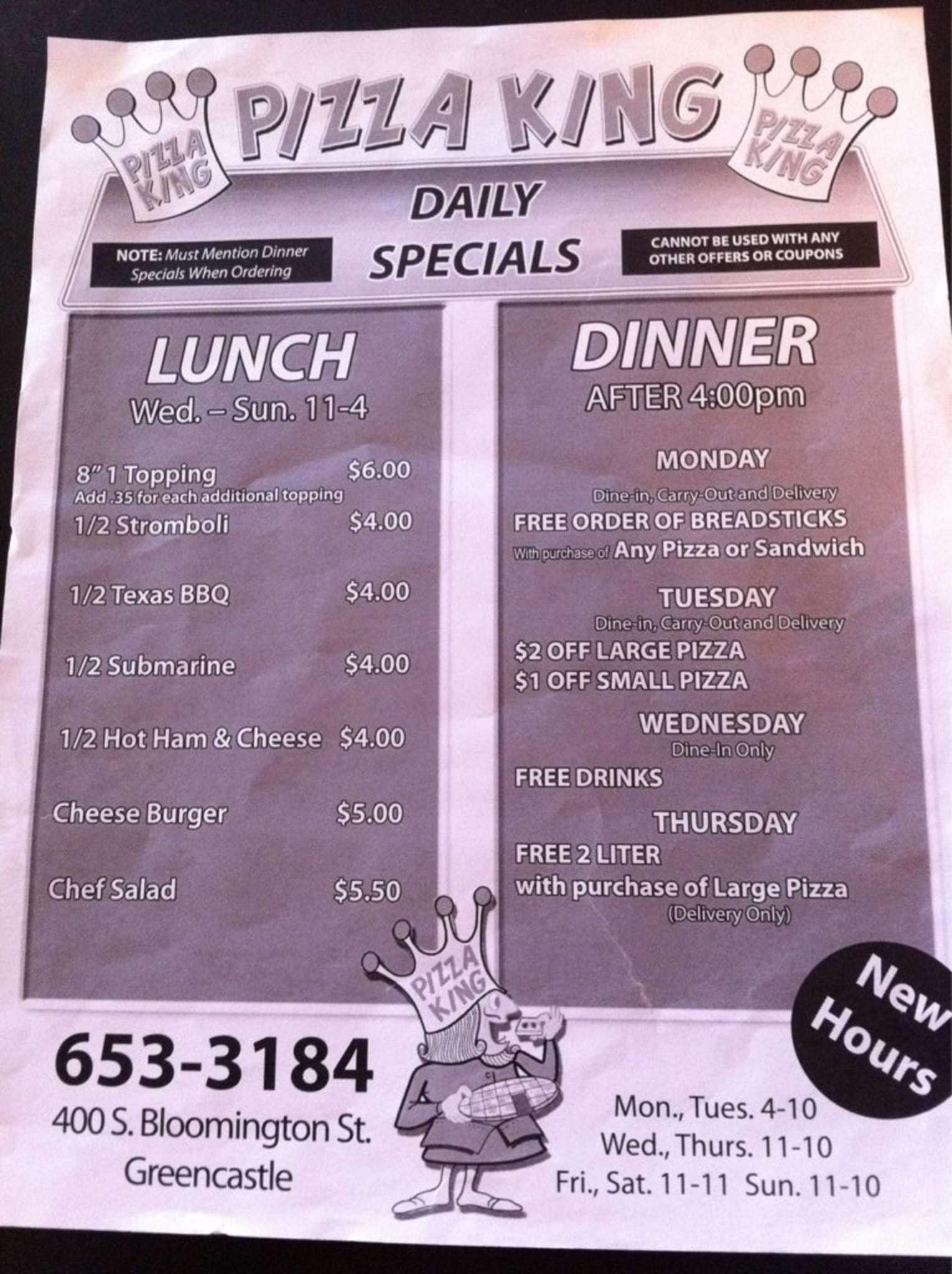 Menu at Pizza King pizzeria, Greencastle, 400 S Bloomington St