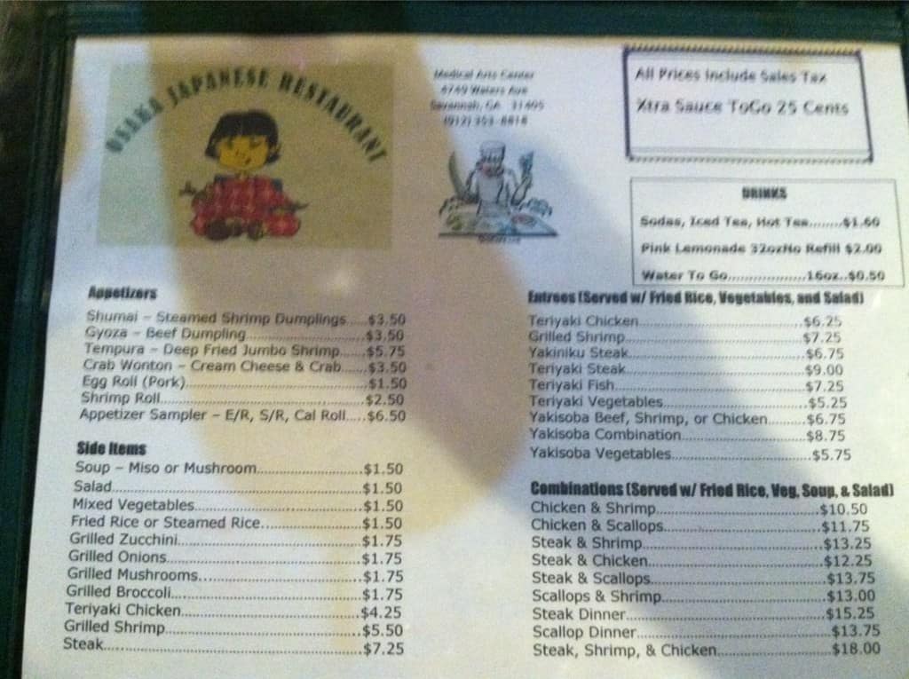 Menu at osaka japanese restaurant savannah
