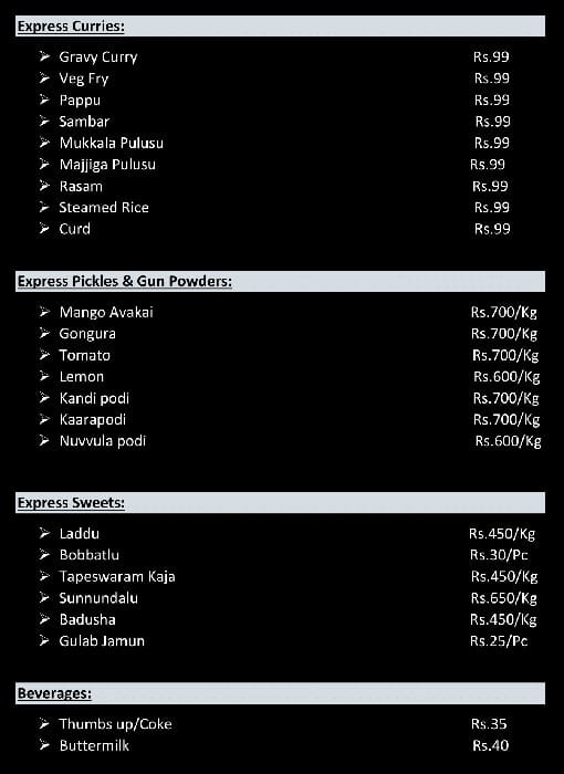 Menu of Godavari Express, Sainikpuri, Secunderabad
