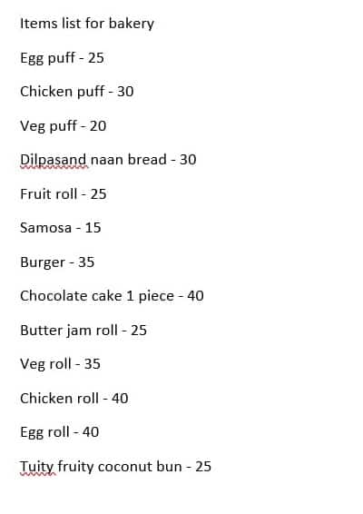 Menu of Sri Venkateshwara bakery, Red Hills, Chennai
