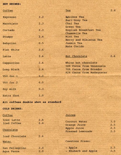 Menu at Tamp Coffee cafe, London