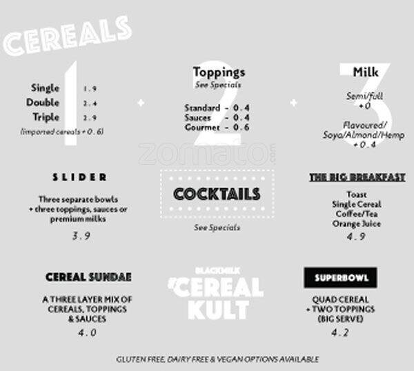 Black Milk Cereal Cafe Menü, Black Milk Cereal Cafe, Northern Quarter