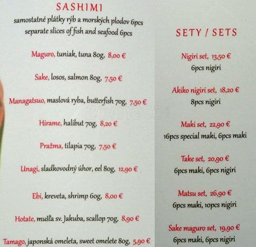Speisekarte von Akiko Sushi Bar, Bratislava