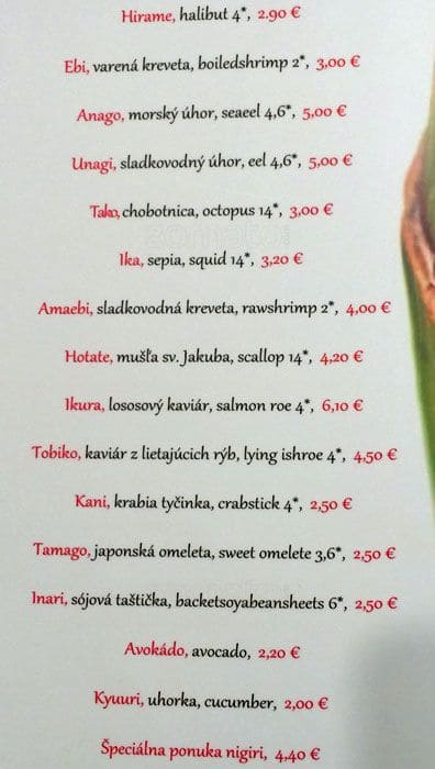 Speisekarte von Akiko Sushi Bar, Bratislava