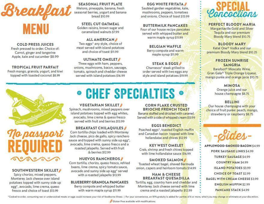 Menu at Margaritaville Coffee Shop cafe, Hollywood