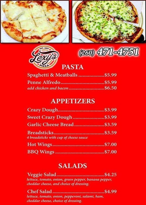 Menu at Lexy's Pizza pizzeria, Fort Wayne, Leo Rd
