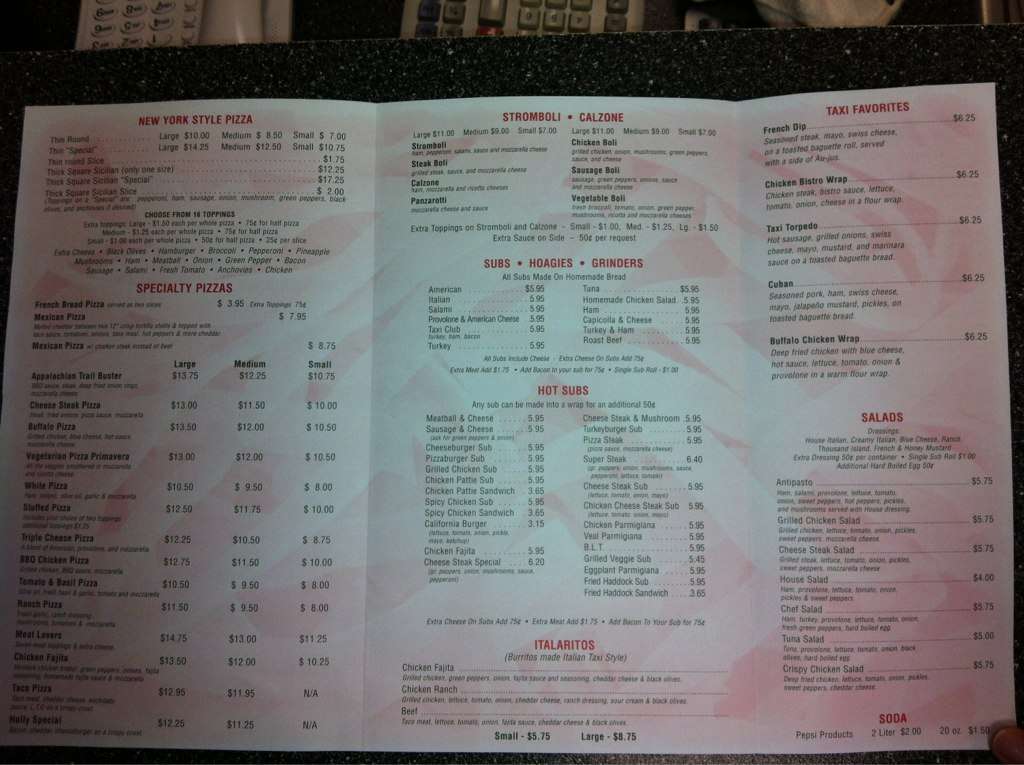 Italian Taxi Menu, Menu for Italian Taxi, Mount Holly Springs