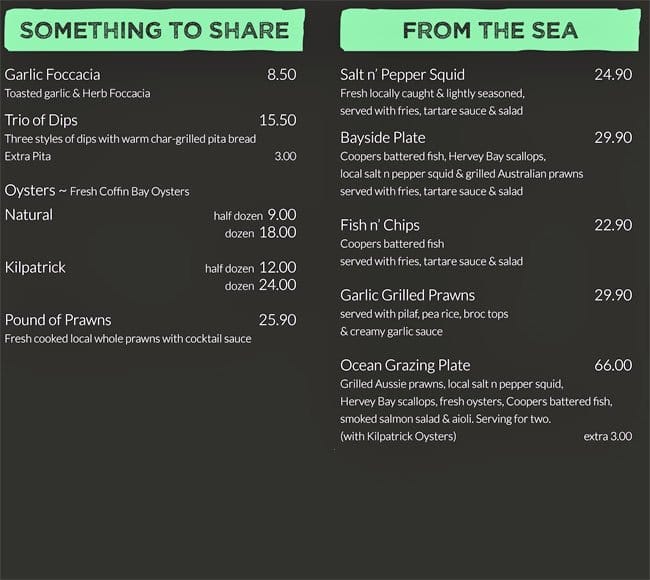 Glenelg Surf Club menu, Menu restauracji Glenelg Surf Club, Glenelg