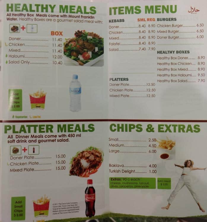Menu at Sunshine Kebabs restaurant, Brisbane City, 75/91 Queen St