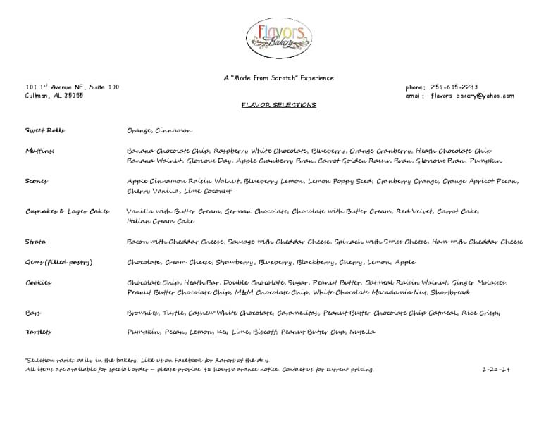 Menu at Flavors Bakery & Homemade Ice Cream, Cullman