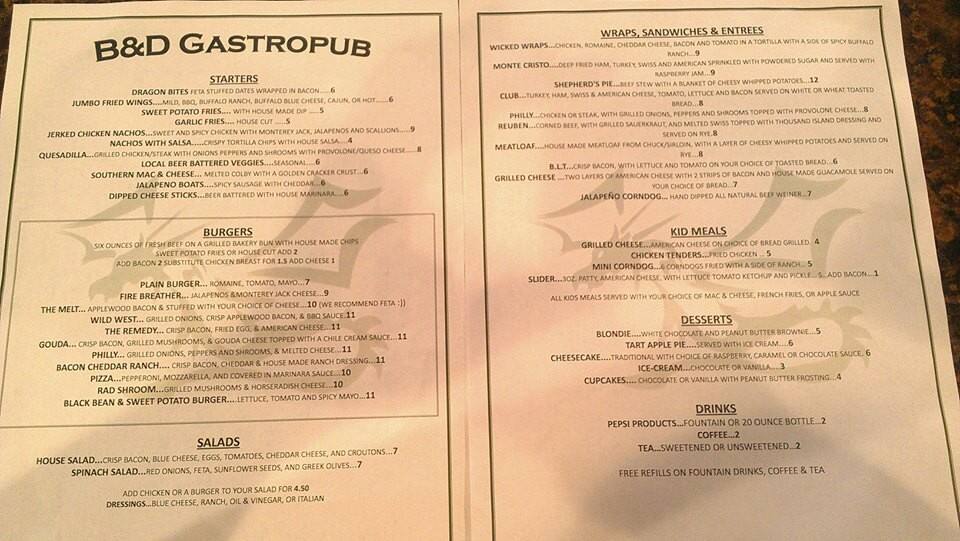 B&D Gastropub Menu,Menú para B&D Gastropub, Charleston, Charleston Urbanspoon/Zomato
