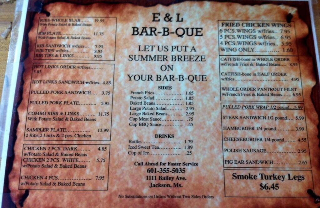 E & L Barbeque Menu, Menu for E & L Barbeque, Jackson, Jackson