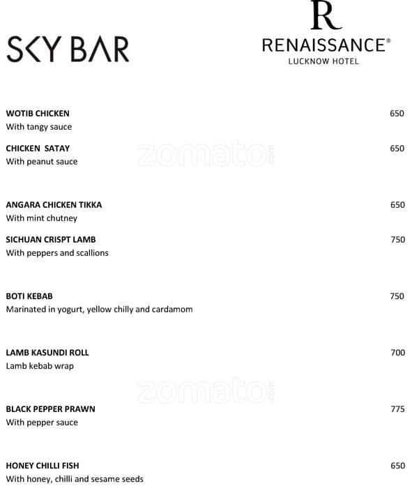 Sky Bar Renaissance Lucknow Hotel a Lucknow Foto del Menu con Prezzi