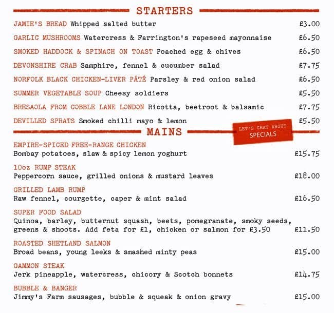 Jamie Oliver's Union Jacks menu