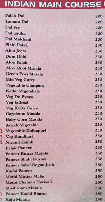 Mayura House menu