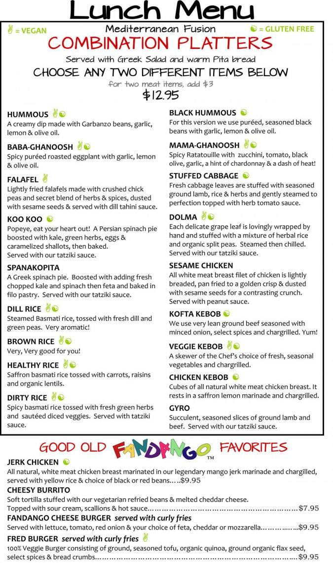 Fandango Cafe Menu, Menu for Fandango Cafe, Sarasota, Tampa Bay