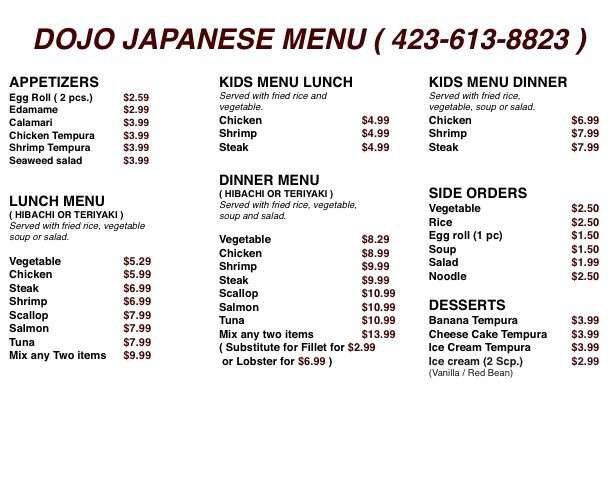 Dojo Japanese Restaurant Menu Menu For Dojo Japanese Restaurant Newport Newport