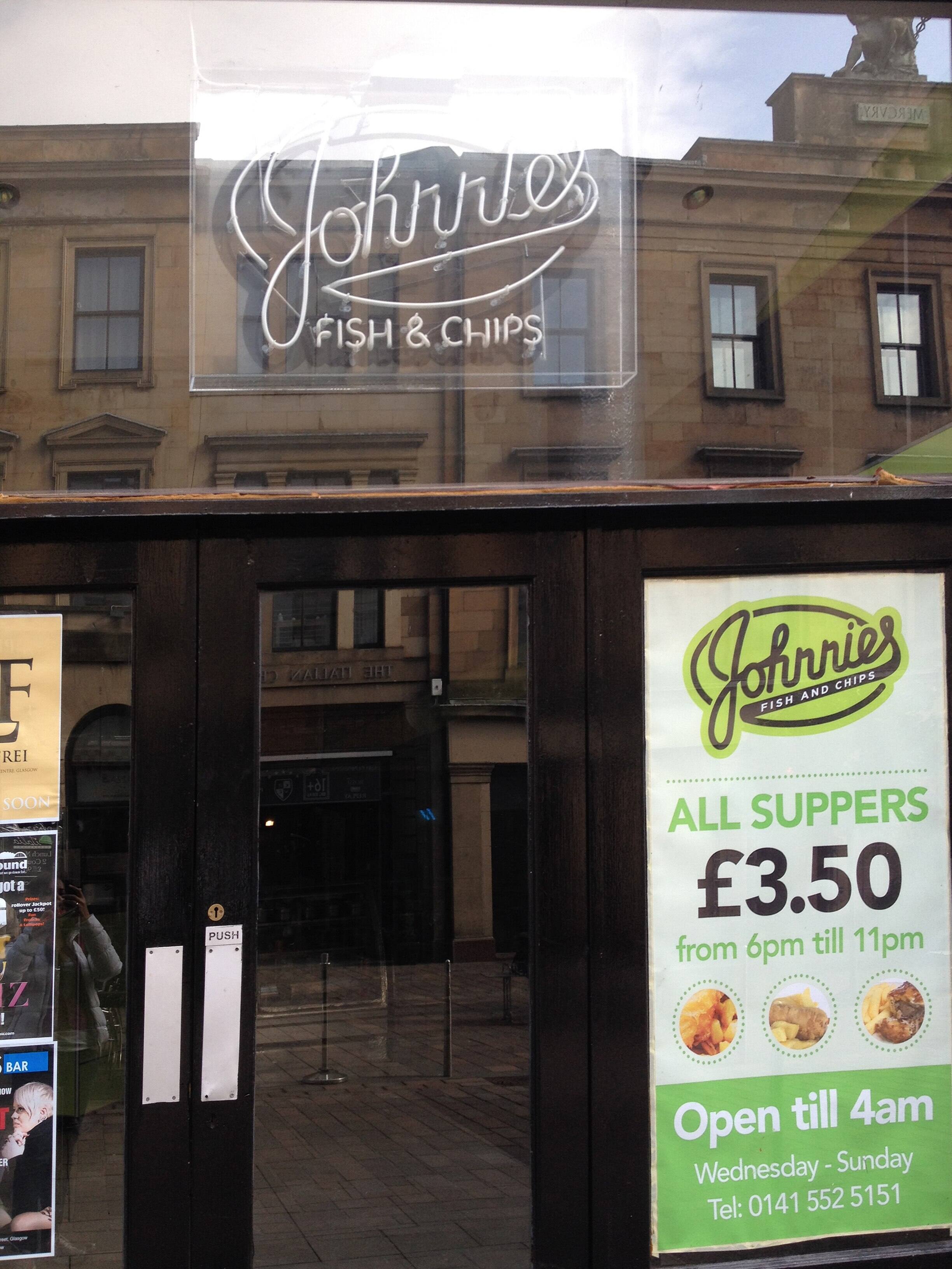 Menu of Johnnies Fish & Chips, John Street, Merchant City, Glasgow
