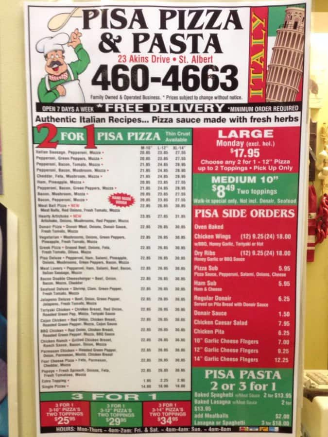 Pisa Pizza and Pasta Menu, Menu for Pisa Pizza and Pasta, St Albert